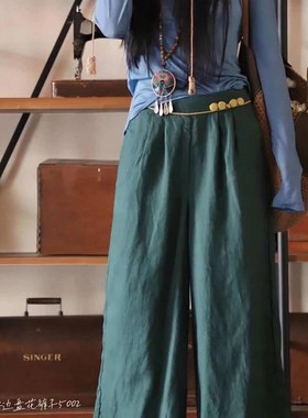 5107民族风纯亚麻阔腿裤盘扣z半松紧腰宽松大码休闲长裤苎麻裙裤