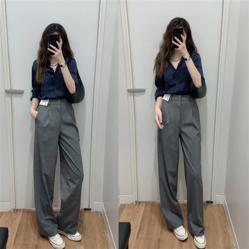 【极简质感通勤】藏蓝色长袖缎面衬衫女灰L色西裤职业气质女套装