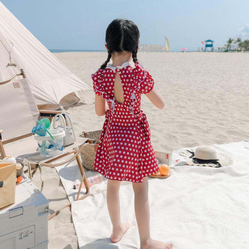 亲子泳衣女母女分体裙式保守平y角女孩红色儿童中小童宝宝亲子泳