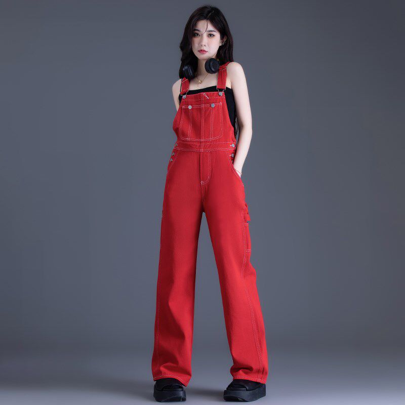 大红色牛仔背带裤女2024新款春秋季小个K子直筒阔腿裤工装裤连体