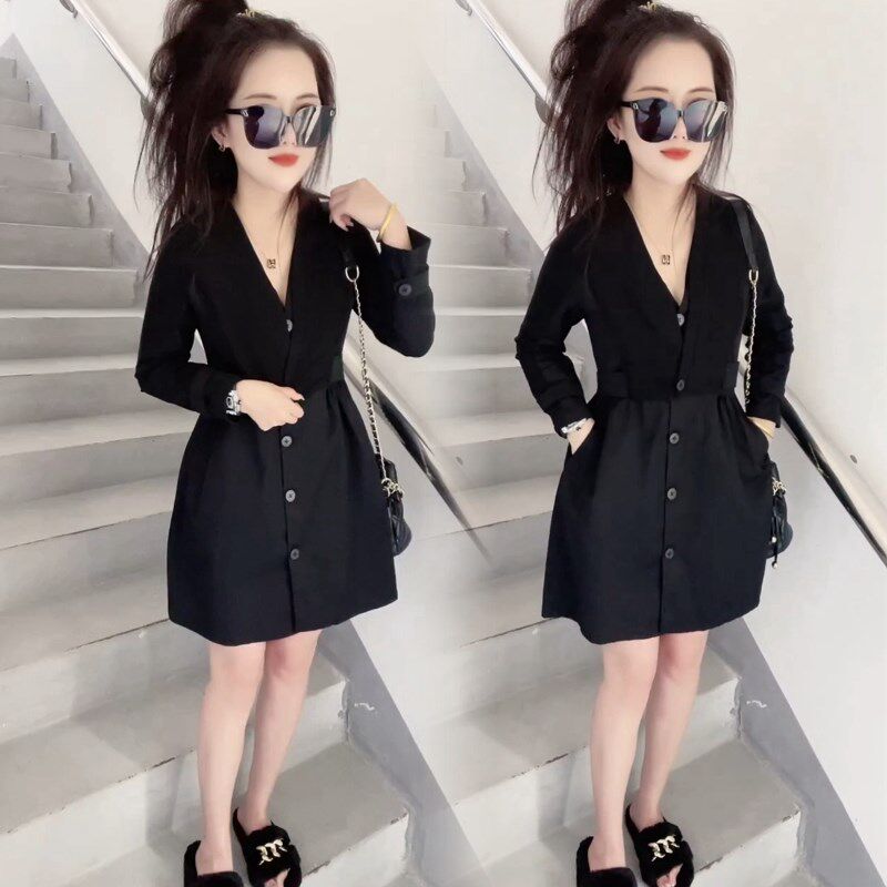 黑色V领洋c装女22秋冬新款洋派设计感长袖假两件中长版衬衫裙女