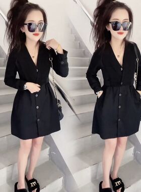 黑色V领洋c装女22秋冬新款洋派设计感长袖假两件中长版衬衫裙女