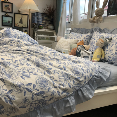ins蓝色花边田园手绘风床上v四件套全棉纯棉被套1.5m1.8米床单公