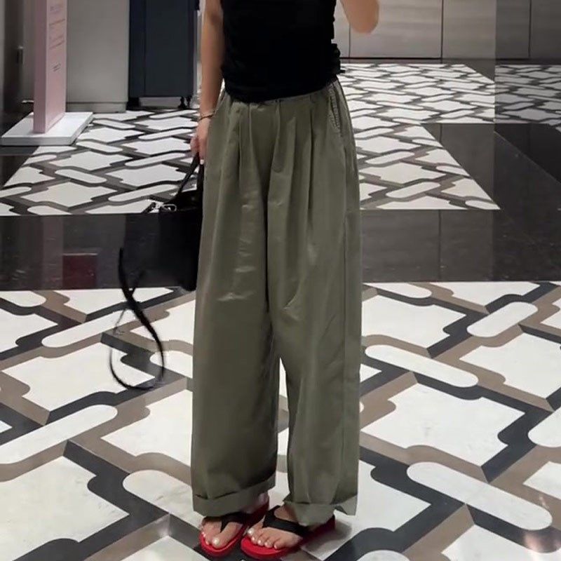 军绿色休闲褶皱阔腿裤女2025夏季新款时尚设计S感百搭通勤直筒裤,女装/女士精品,大码裤装,淘宝优惠券,粉丝福利购,淘宝优惠卷