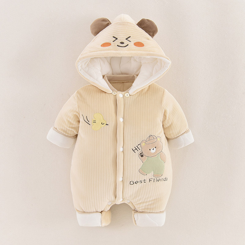婴儿连体衣秋冬加厚夹棉保暖棉服新生儿外出服棉T衣可拆帽宝宝冬