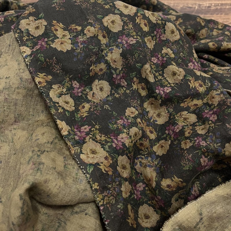 布久以逅复古砂洗做旧纯亚麻印花布连衣裙旗袍衬衫服装面料  花海