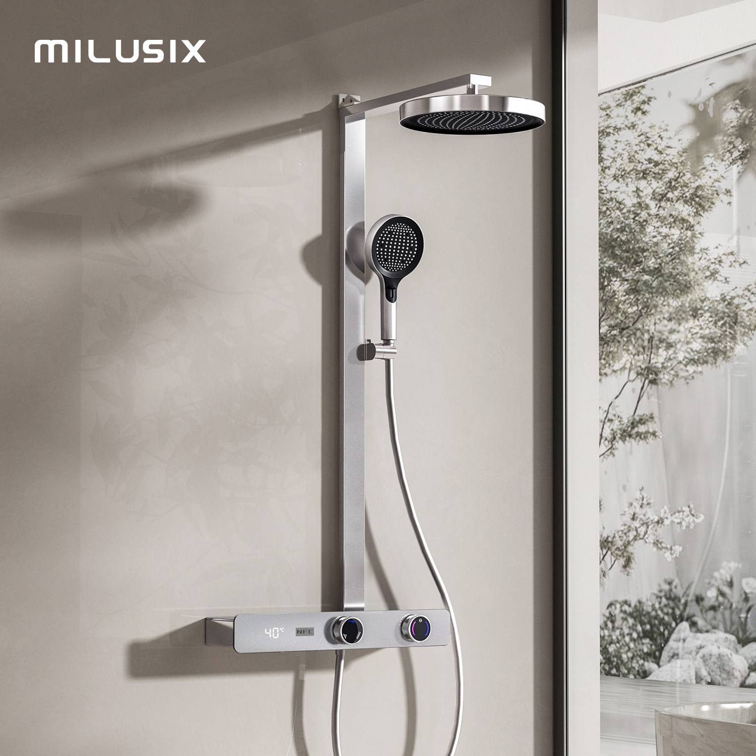 MILUSIX卫生间智能数显增压简易冷热淋浴置物无顶喷家用花洒套装