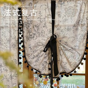 法式 美式 复古印花窗帘黑色提拉帘中古风半帘厨房小窗户遮挡帘门帘