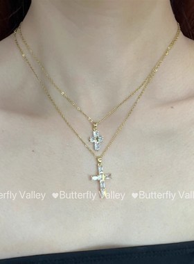 美式复古超闪方钻十字架欧美嘻哈叠带项链辣妹高级感锁骨链配饰