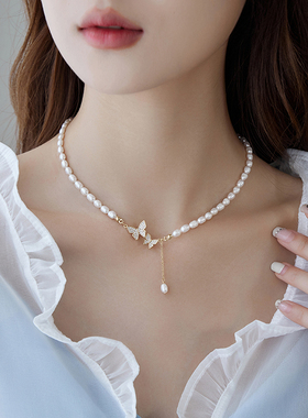 巴洛克珍珠项链女蝴蝶锁骨链小众轻奢配饰毛衣饰品颈链2022年新款