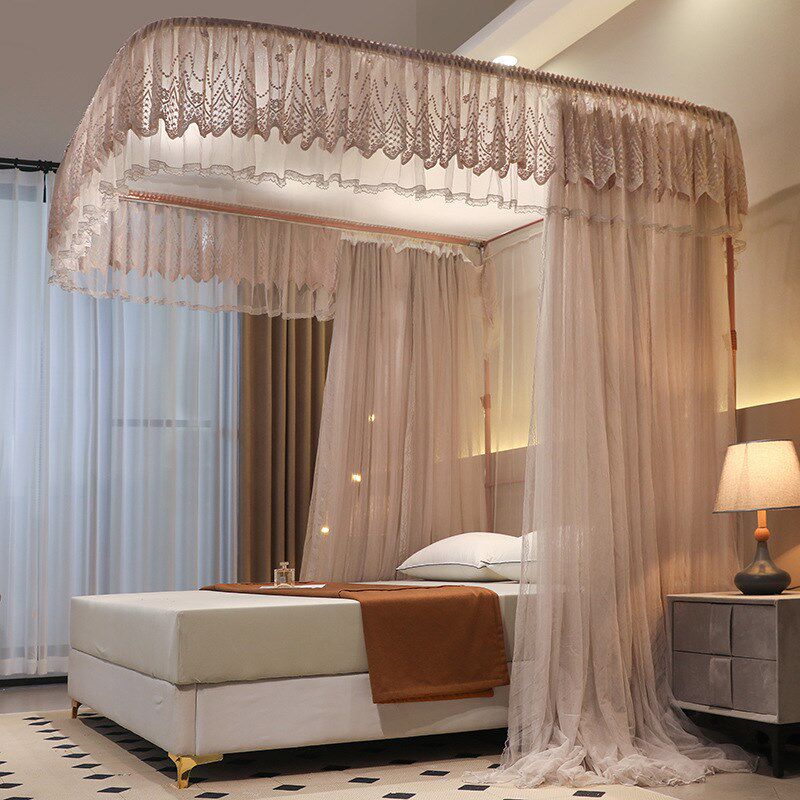 导轨蚊帐2024新款家用u型轨道卧室免安装落地高级公主风床帘床幔