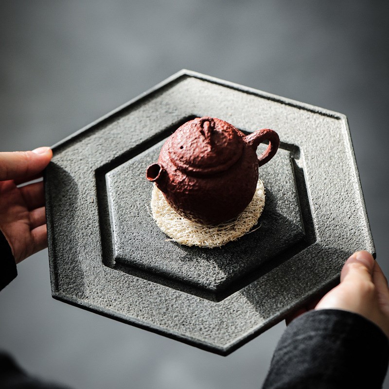 乌金石茶盘家用六边形干泡盘托盘中式复古茶台茶海石头壶承茶壶垫