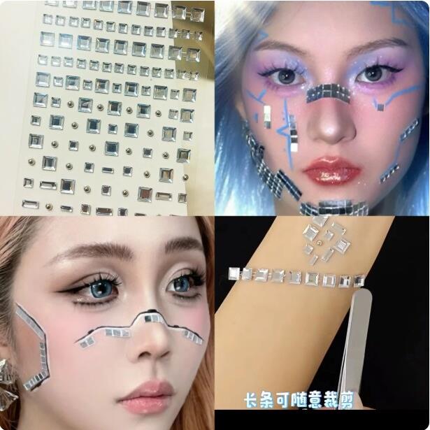 Cos机械姬赛博朋克科技感妆容镜面方块水钻贴未来感机器人妆容贴