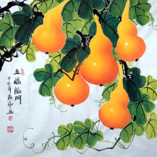 饰挂画客厅画心未 四尺斗方国画花鸟字画黄艺手绘葫芦五福K临门装