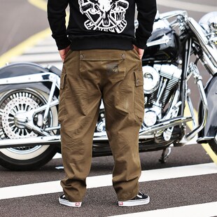 核爆炸军绿色大码直筒休闲长裤中腰松紧抽绳系P带多口袋男士工装