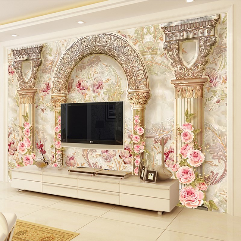 欧式奢华浮雕电视背景墙壁纸金色花纹罗马柱别墅客厅沙.发装饰壁
