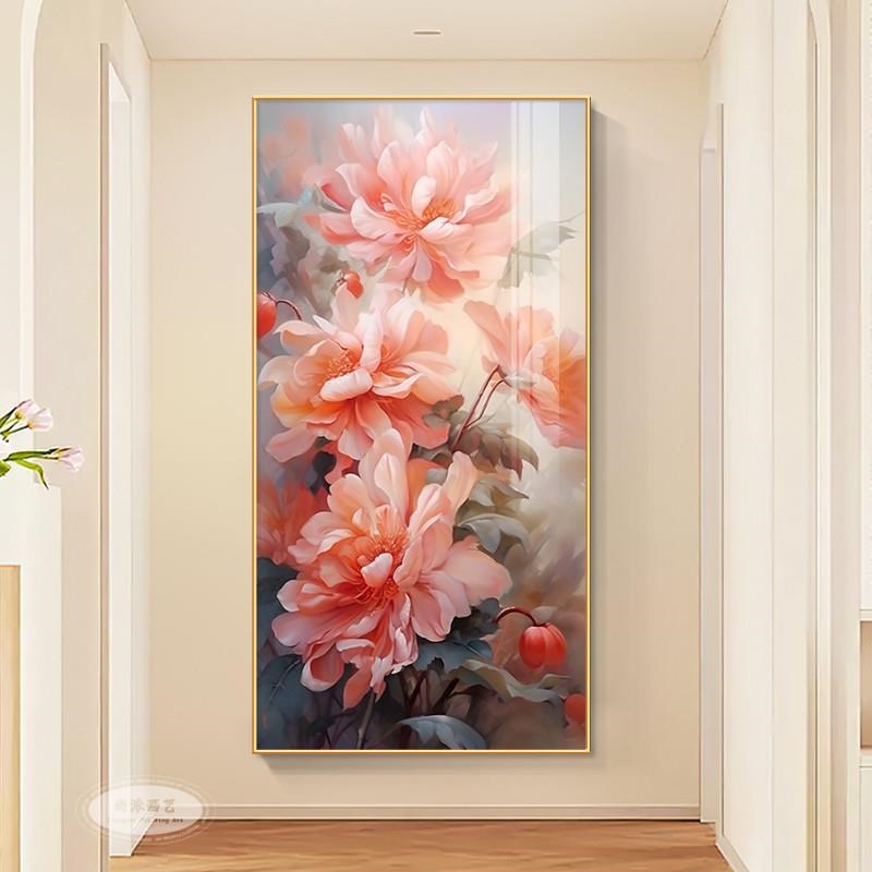 花开富贵装饰画奶油风入户玄关牡丹花挂画走廊Q过道尽头高级感壁