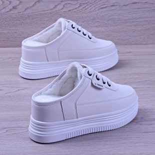 休闲轻便鞋子2024秋冬新款加绒棉鞋厚底内增高半U拖鞋黑色女松糕