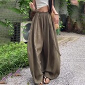 女2025夏季 薄款 高级感褶皱时尚 军绿色休a闲亚麻抽绳阔腿裤 直筒裤