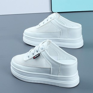 内增高女鞋d松糕厚底半拖鞋女2024春夏季镂空透气懒人全黑色网拖