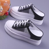 松糕厚底女鞋 一脚蹬半拖内增高小白鞋 2024春夏款 镂空透气女网I鞋