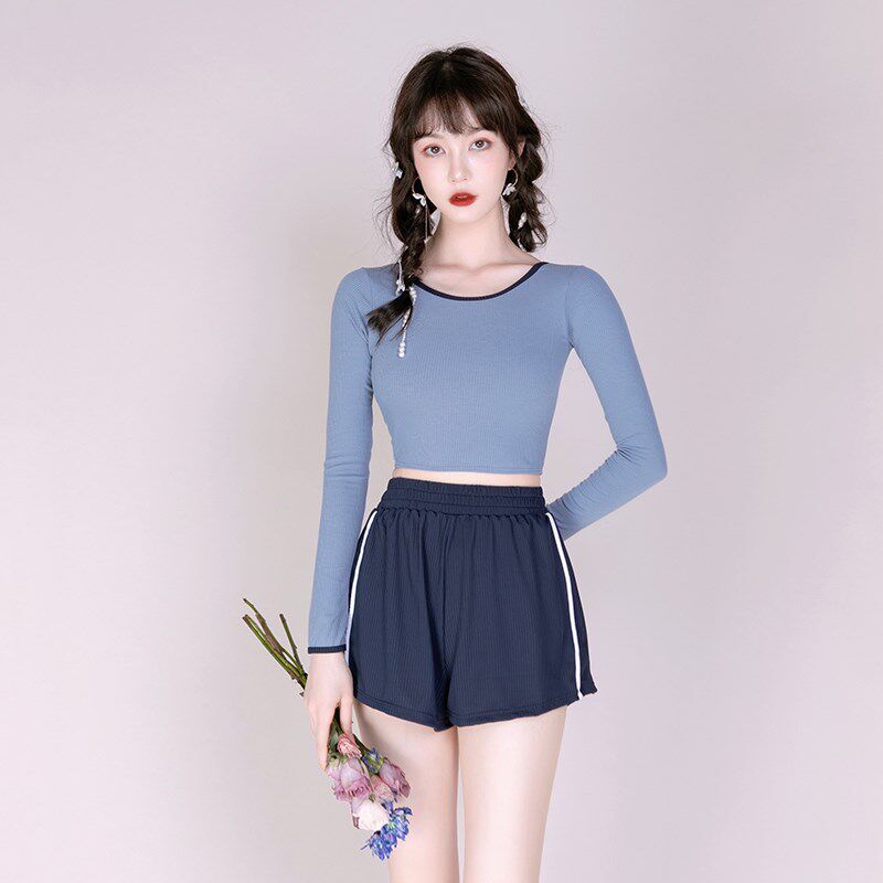 青少年泳衣e女款学生夏游泳馆少女分体式保守长袖平角裤小个子