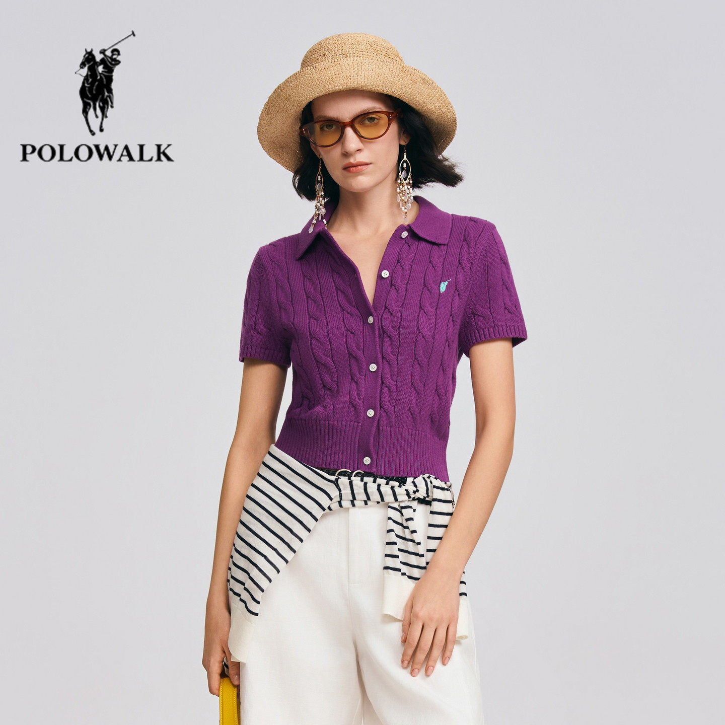 POLOWALK翻领绞花短款针织开衫
