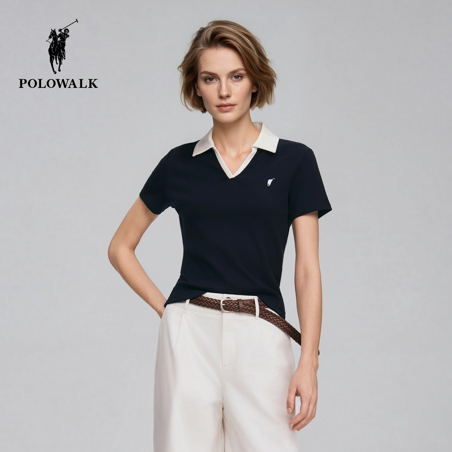 POLOWALK撞色V领女式短袖POLO衫图片