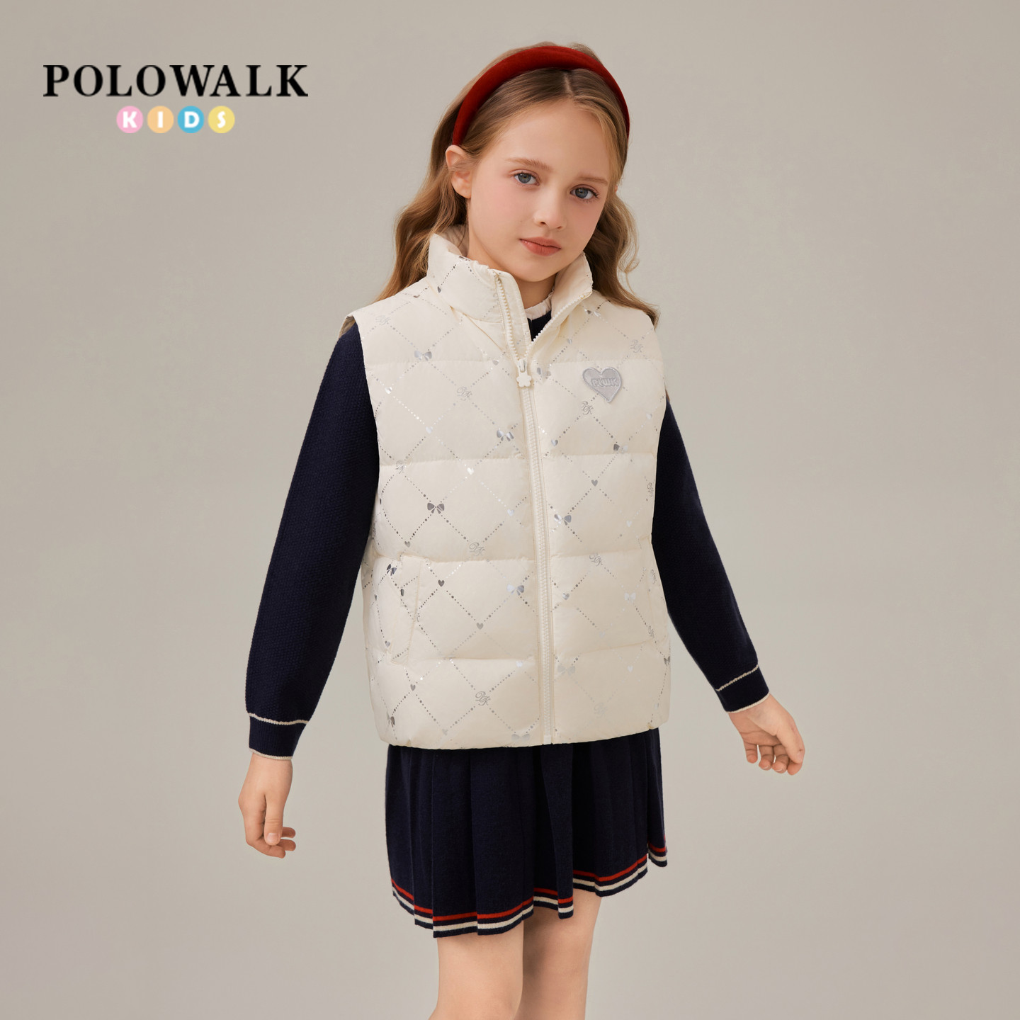 POLOWALK女童羽绒马甲立领菱格纹