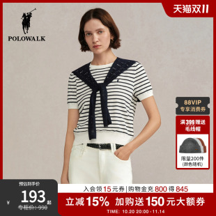 短袖 POLOWALK女式 针织衫 2025秋季 条纹显瘦针织衫 新品 含棉羊毛