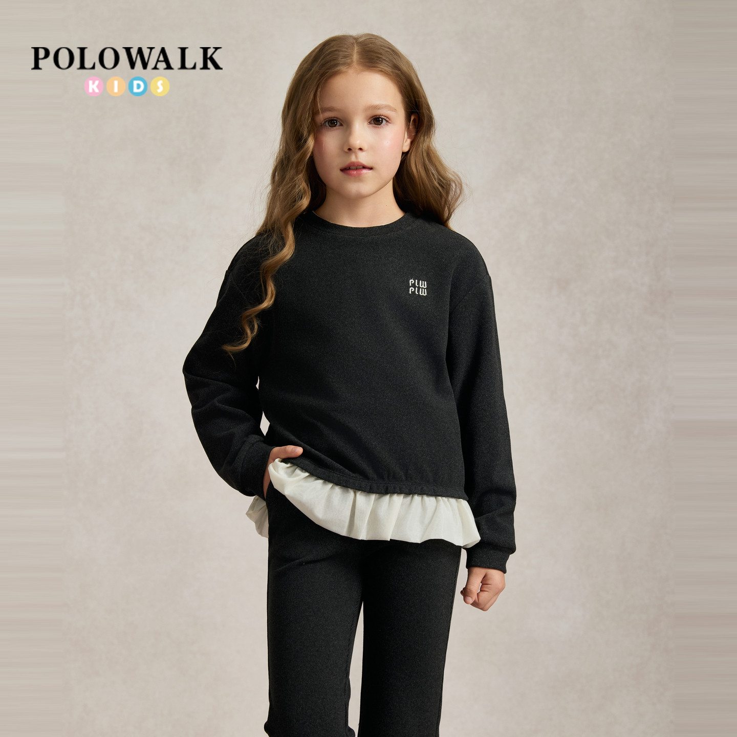 POLOWALK女童蕾丝拼接卫衣套装