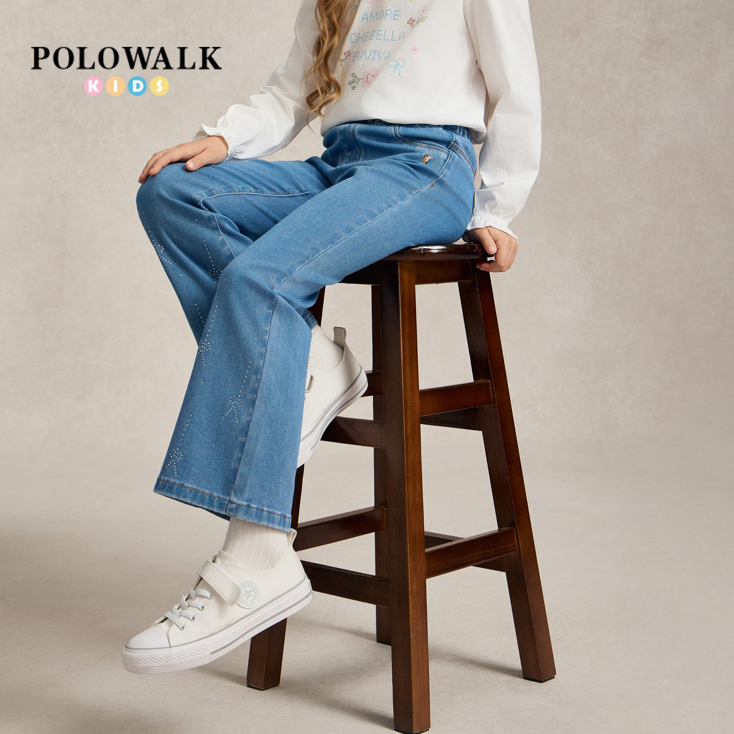 POLOWALK女童牛仔阔腿裤秋新