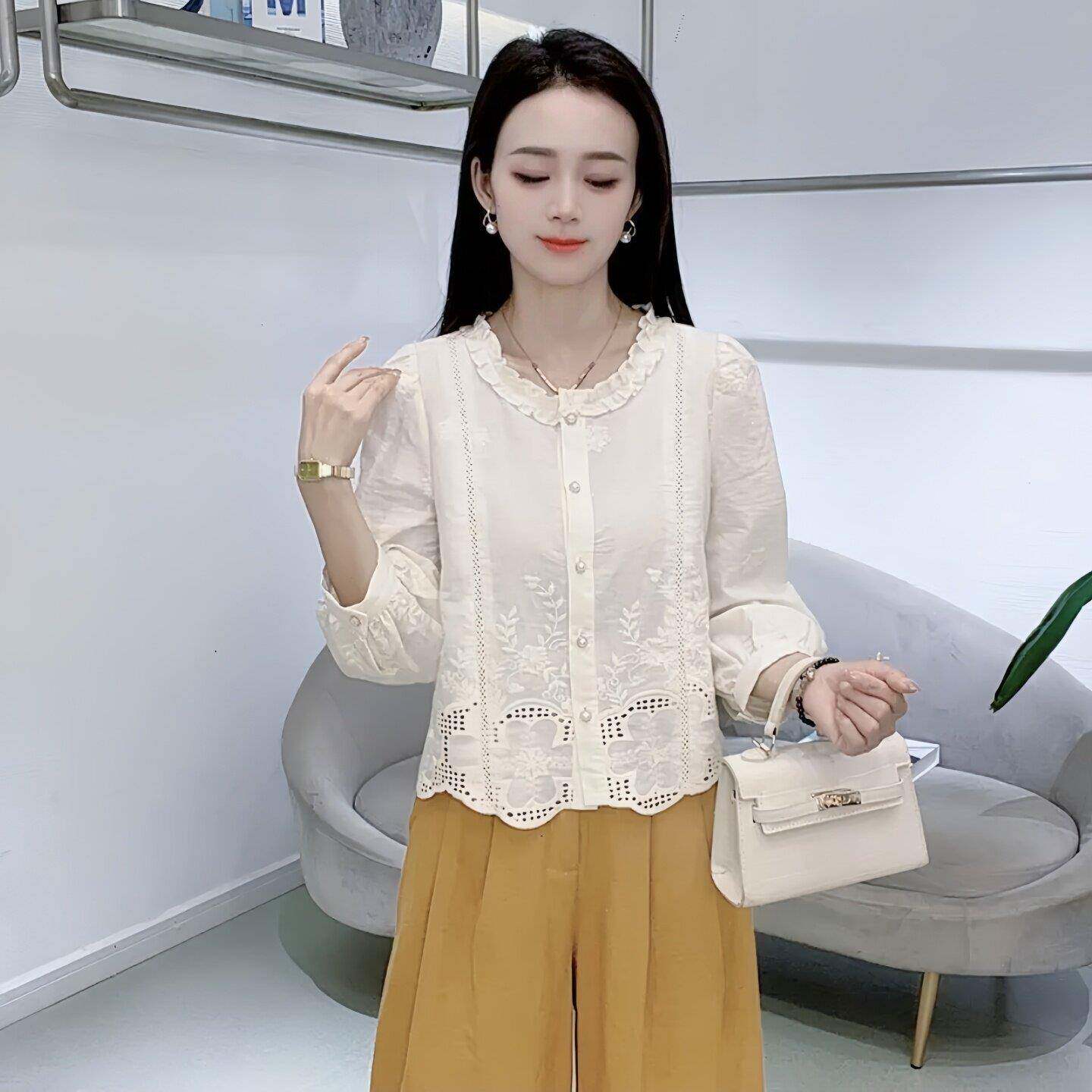 新品小个子时尚气质衬衫女式秋季新款洋气七分袖衬衣减龄甜美百搭