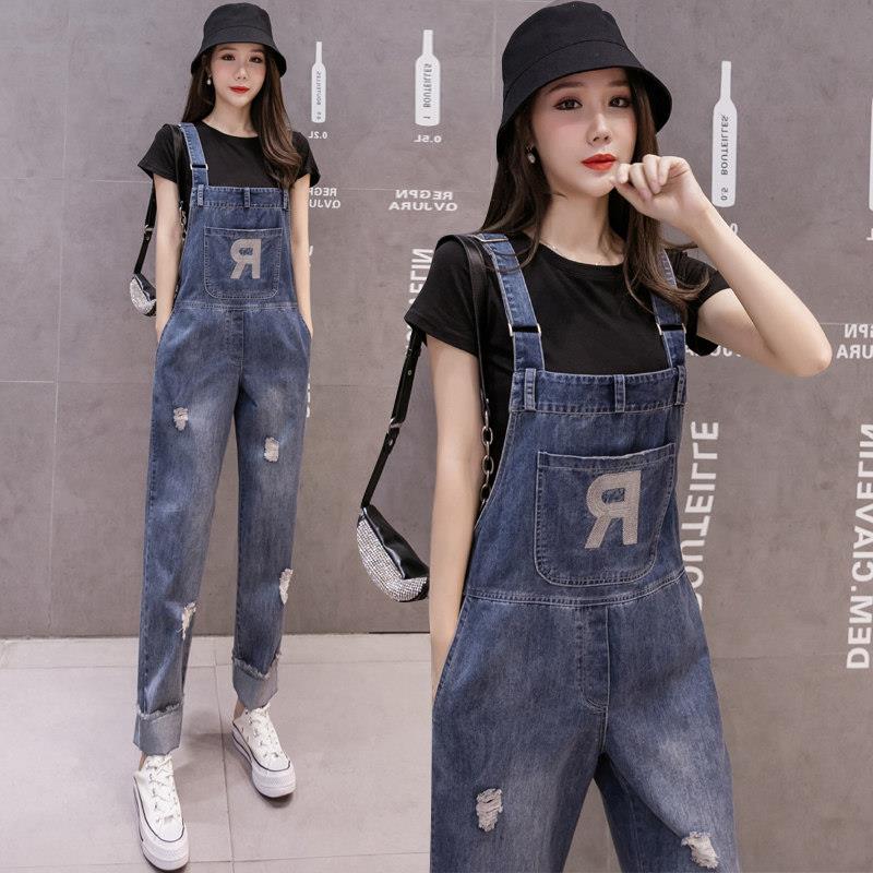 新品破洞牛仔背带裤女2026年春秋新款直筒吊带连体裤宽松高腰减龄