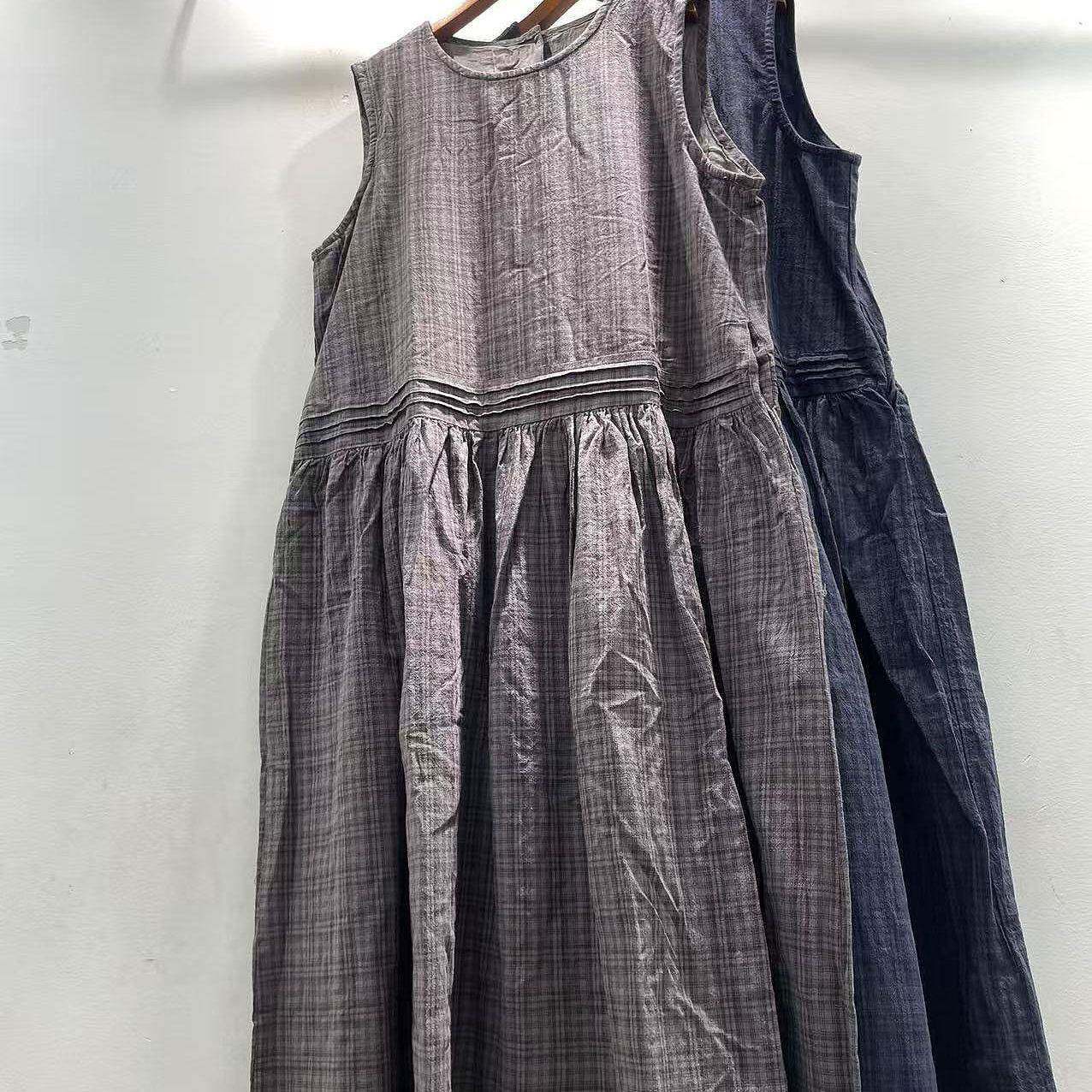 新品2026秋季新款森女系A字裙棉格子圆领高腰中长款宽松背心连衣