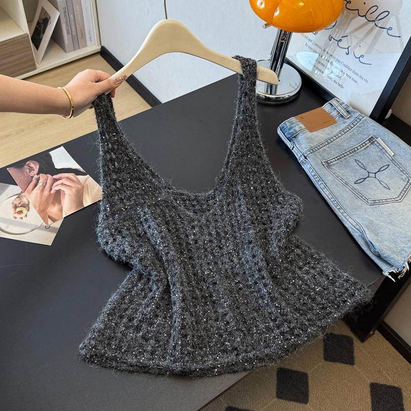 新品亮闪闪镂空针织背心马甲女外搭春秋2025大码胖mm显瘦短款叠穿