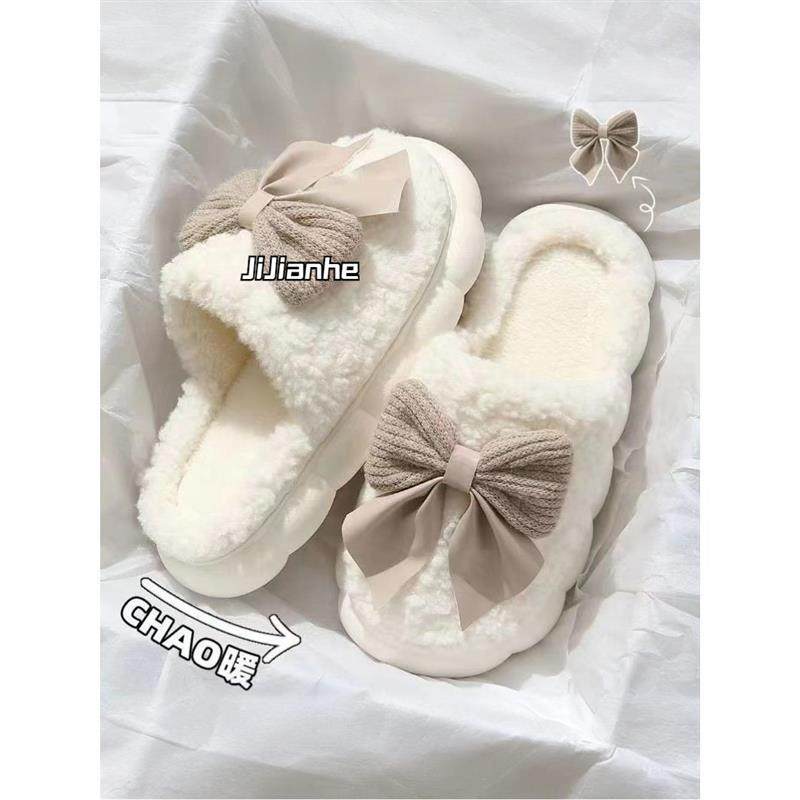 蝴蝶结棉拖鞋女秋冬季2025新款室内家居防滑保暖毛绒棉拖女士冬天