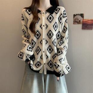 新品钩花镂空polo领正肩针织开衫外套女2025秋新款大码胖mm民族风