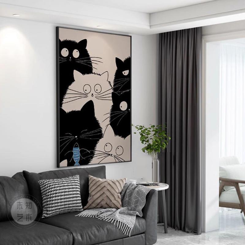 现货个性猫咪吃鱼装饰画现代简约客厅挂画卡通动物卧室床头背景墙图片