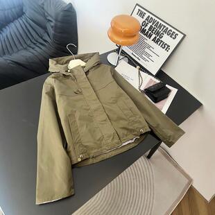 新品韩系连帽风衣外套女2025年秋季大码胖MM宽松格子内衬短款工装