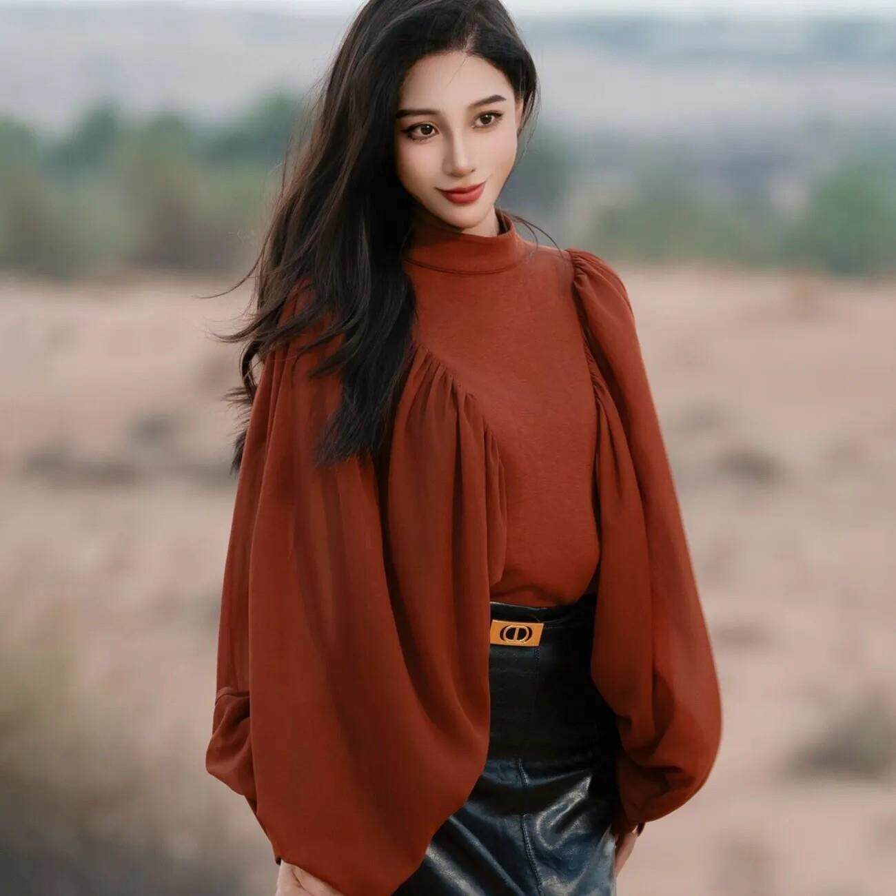 新品宫廷风蝙蝠袖针织拼接雪纺衬衫女春秋2026款宽松显瘦洋气减龄