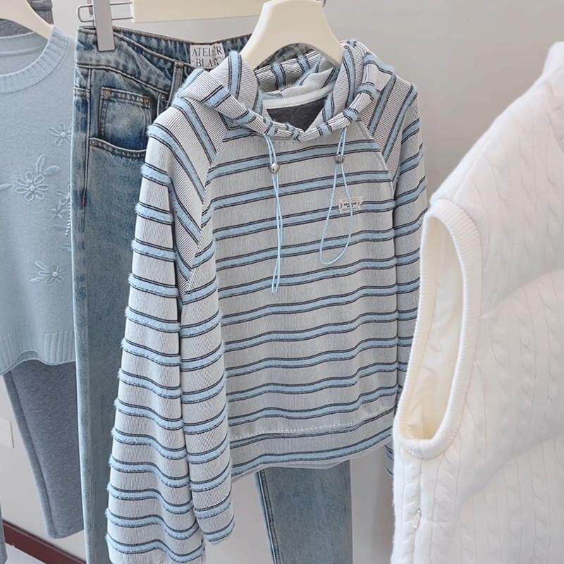 新品韩系条纹连帽套头卫衣女士2025秋季新款宽松慵懒风长袖针织衫