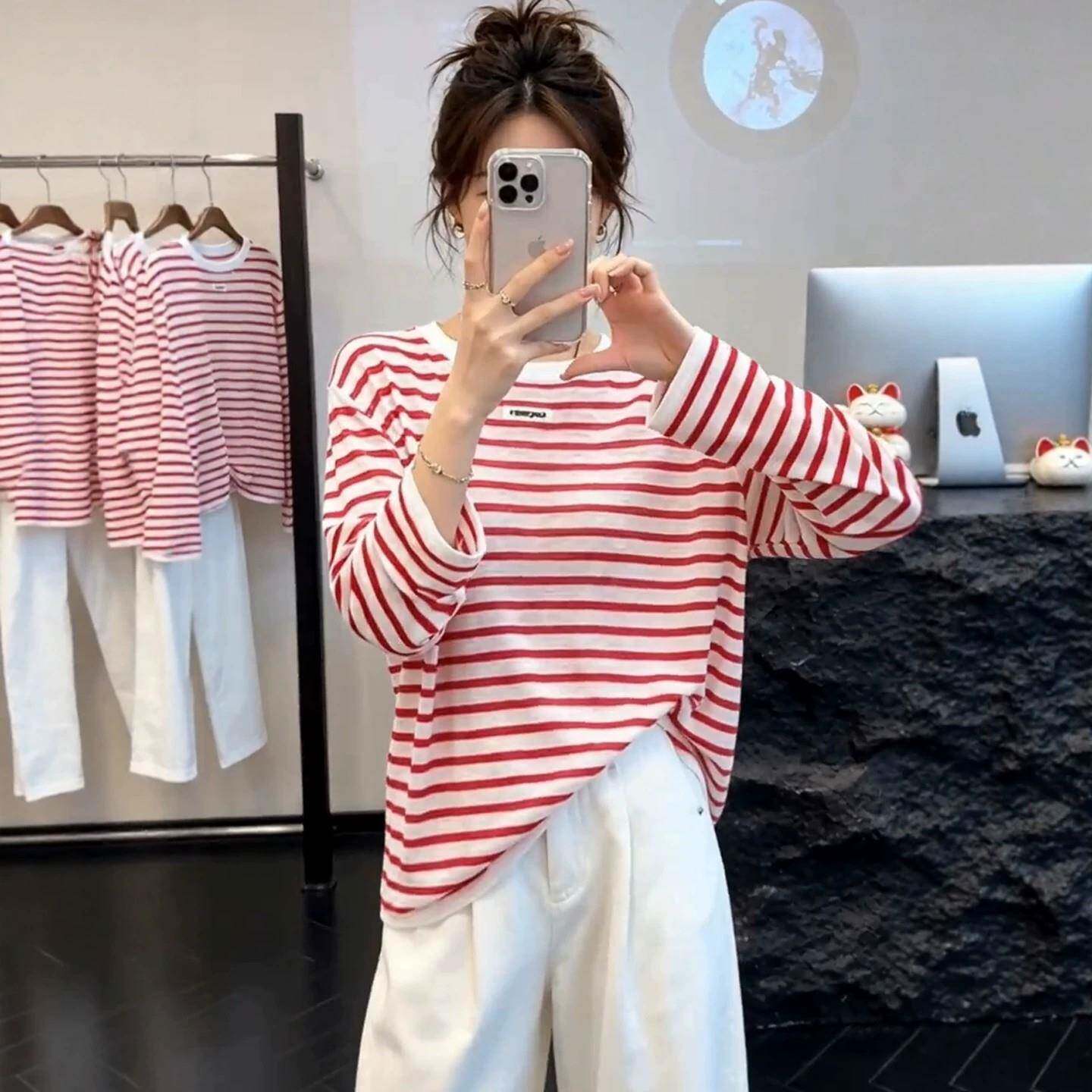 新品绝美撞色条纹长袖T恤女2026早秋新款大码胖MM宽松圆领慵懒风