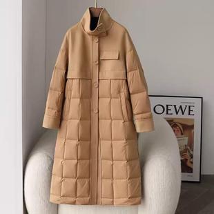 新品双面羊绒大衣拼接羽绒服女2024冬新立领白鹅绒中长款毛呢大衣