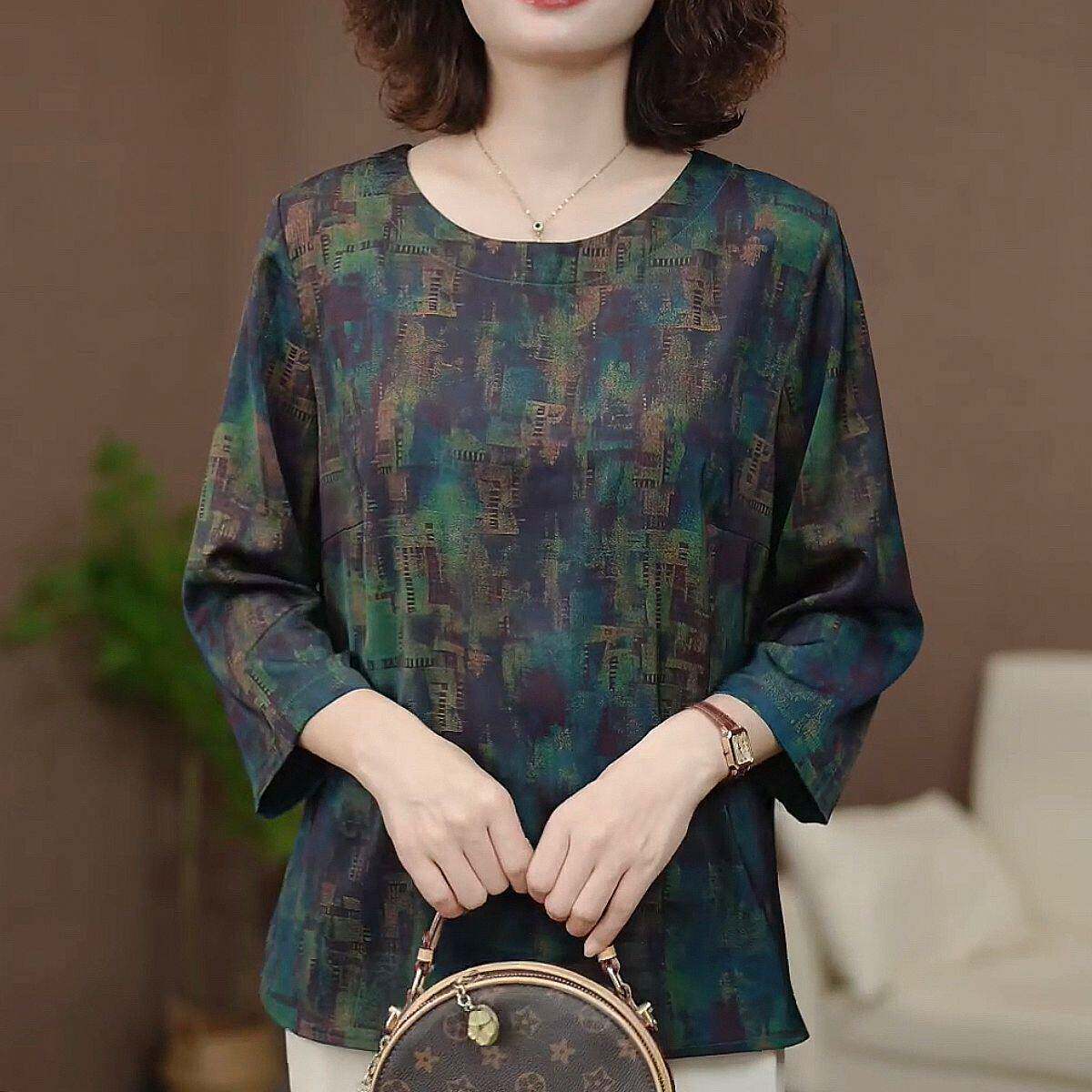 新品民族风贵夫人妈妈高档质感七分袖小衫大码遮肉宽松洋气显瘦早