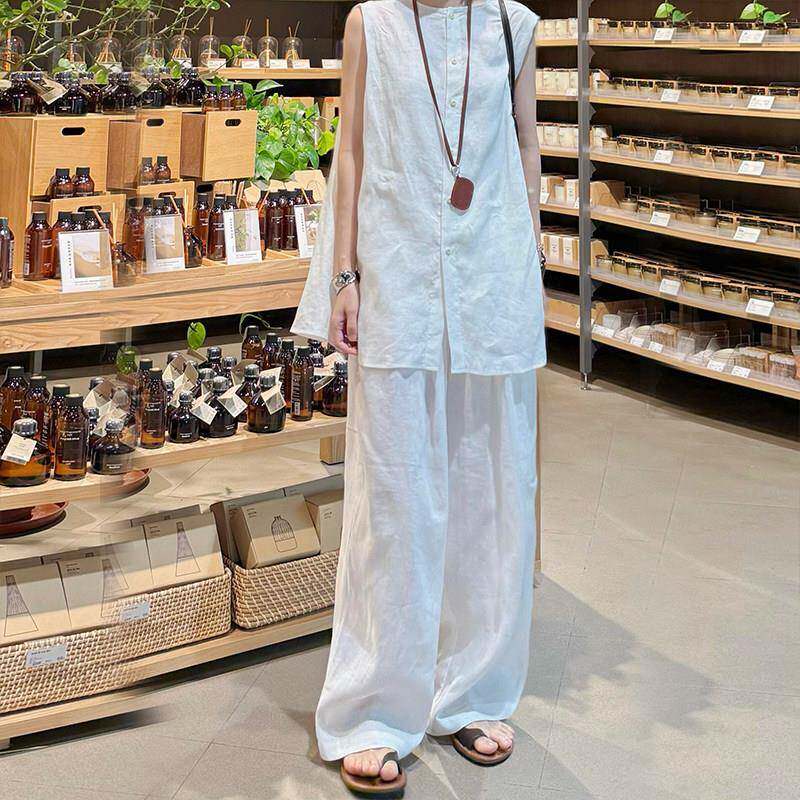 新品老钱风休闲轻奢高级感冰丝棉麻两穿衬衫无袖上衣阔腿裤两件套
