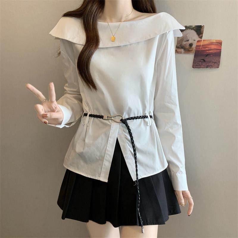 新品法式气质一字肩条纹收