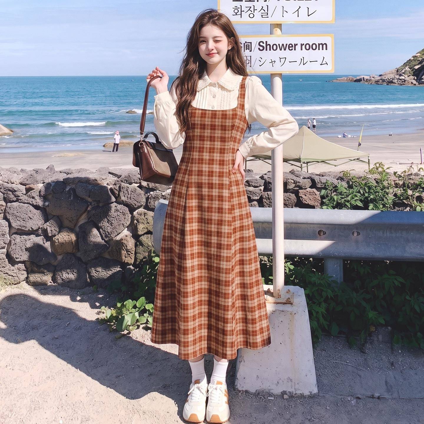 新品韩版学院风少女减龄假两件衬衫裙早秋新款法式温柔风显瘦连衣