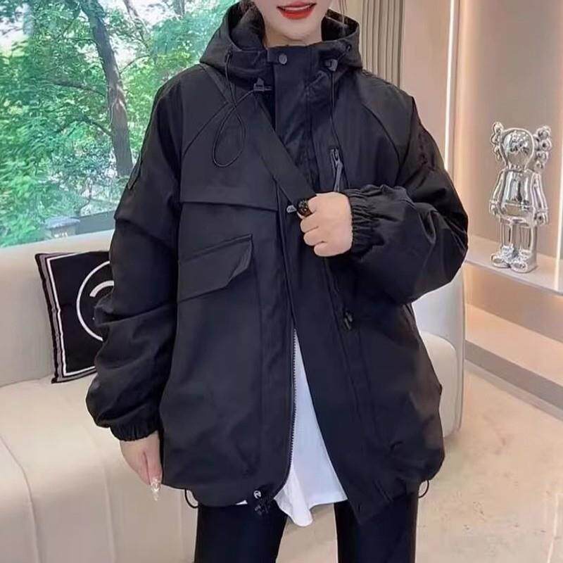 新品韩版夹棉加厚连帽冲锋衣外套女秋冬大码胖MM欧货宽松工装夹克