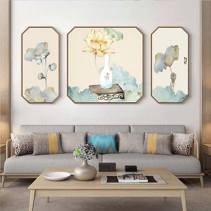现货新中式客厅装饰画中国风荷花沙发背景墙挂画书房茶室三联组合图片